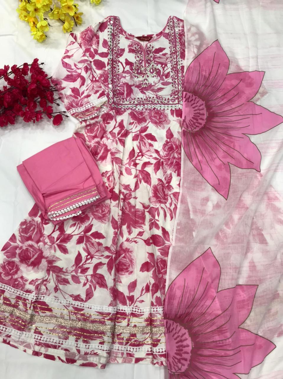 White Pink Floral Anarkali Kurti With Bottom Dupatta Catalog